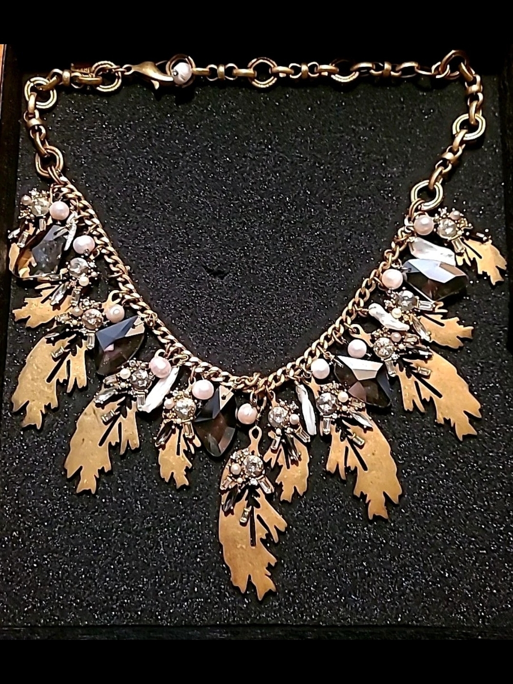 Badgley Mischka Gold-Tone Leaf Necklace with Pink Pearls and Smoky Crystals